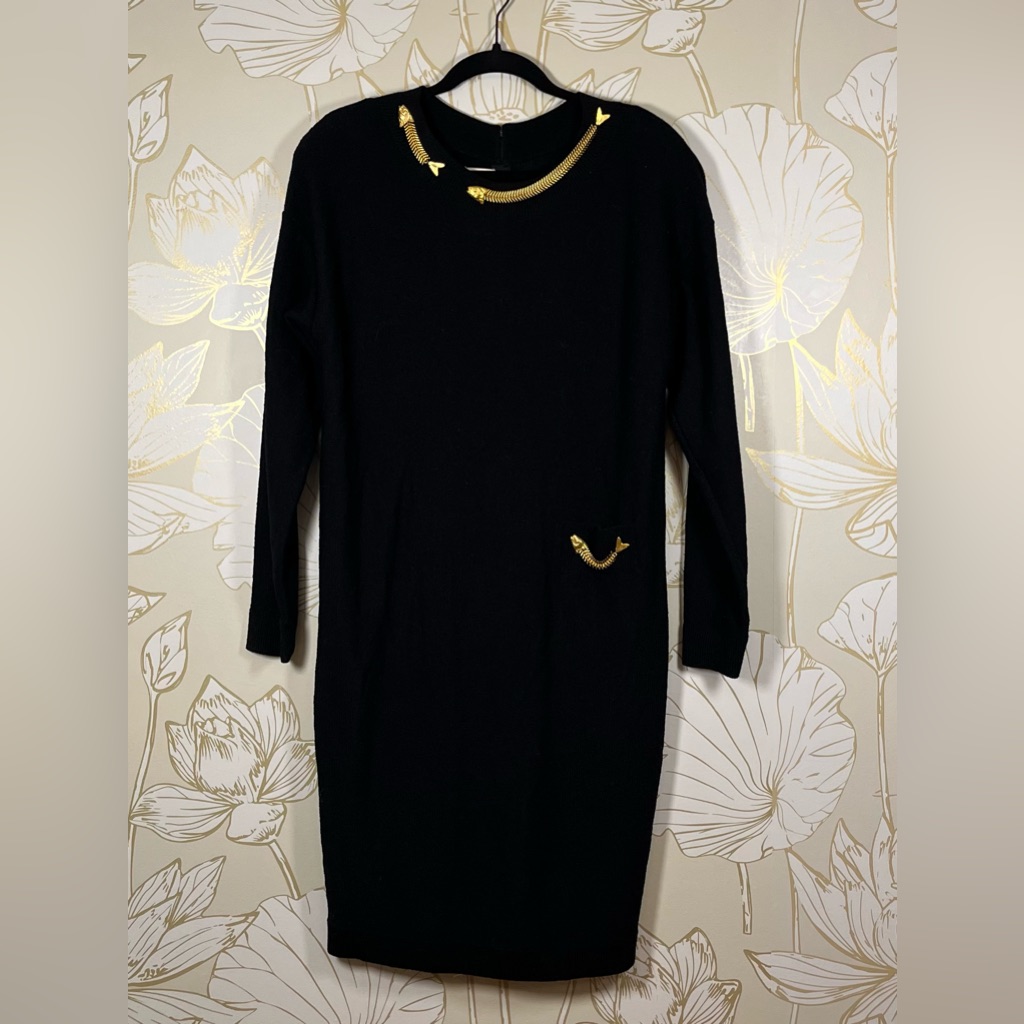 Vintage Steve Fabrikant Black Long Sleeve Knit Dress W/Gold Fish Skeleton Trim
